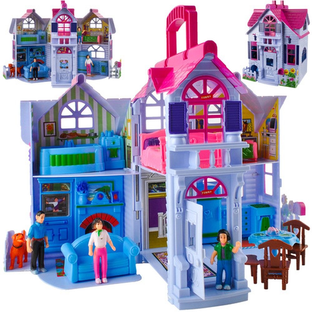 ISO TRADE Puppenhaus Kinderhaus Spielzeugpuppenhaus, (Spar-Set, Faltbare Struktur), Inklusive Familie, Hund und Möbeln, sofort einsatzbereit