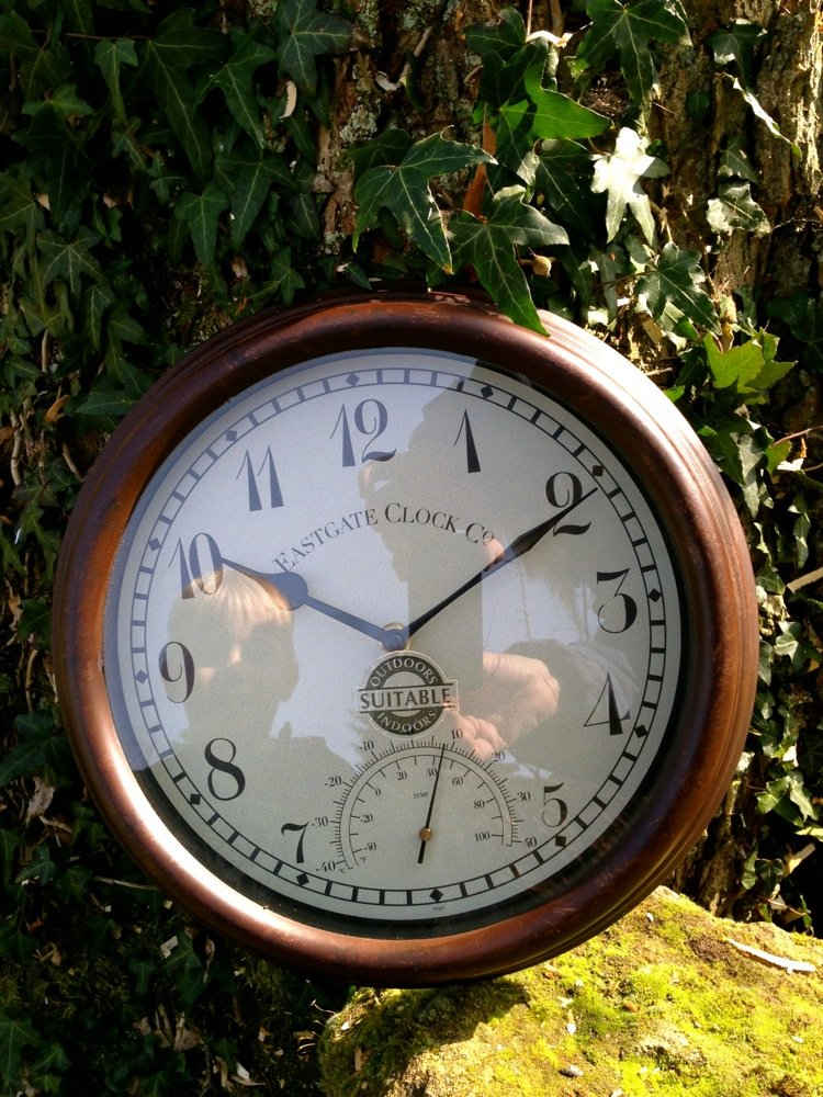 Antikas Wanduhr Uhr im Stil einer Bahnhofsuhr, innen+aussen, Küchenuhr mit Thermometer