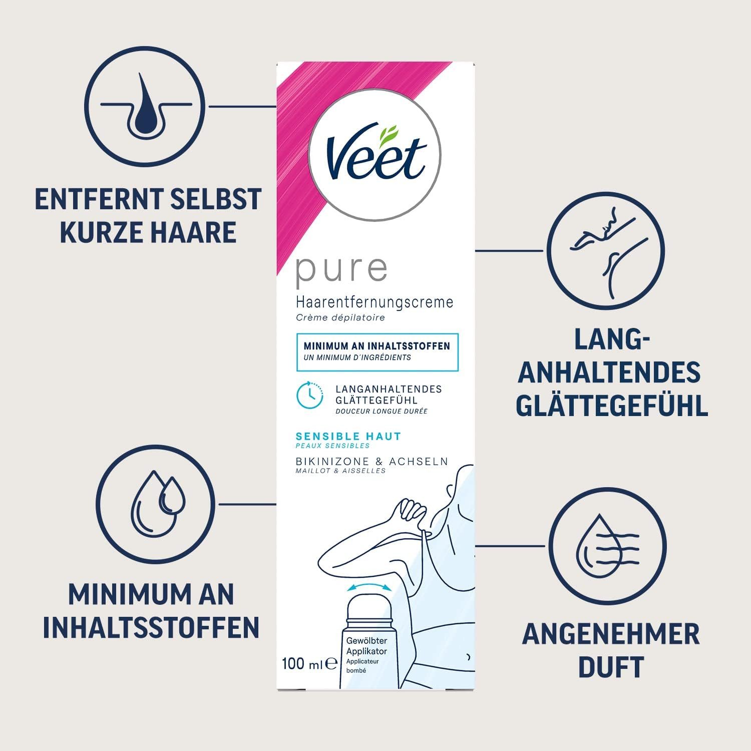 Veet Enthaarungscreme PURE (2 x 100ml), Spar-Pack, 2 St., für Bikini & Achseln, mit gewölbtem Applikator und Spatel