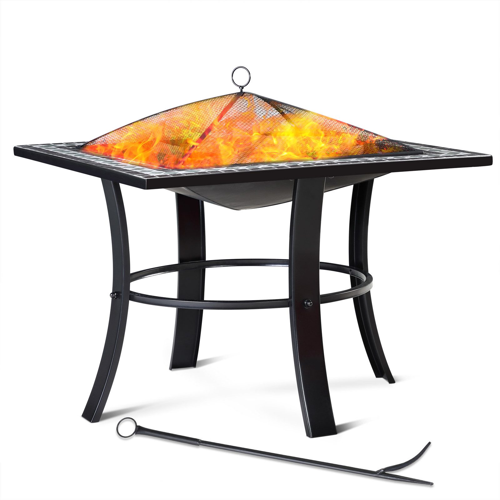 Gardebruk Feuerschale Runedak, Feuerkorb Garten mit Funkenschutz Abdeckung Rost 76x76cm Mosaik Grill
