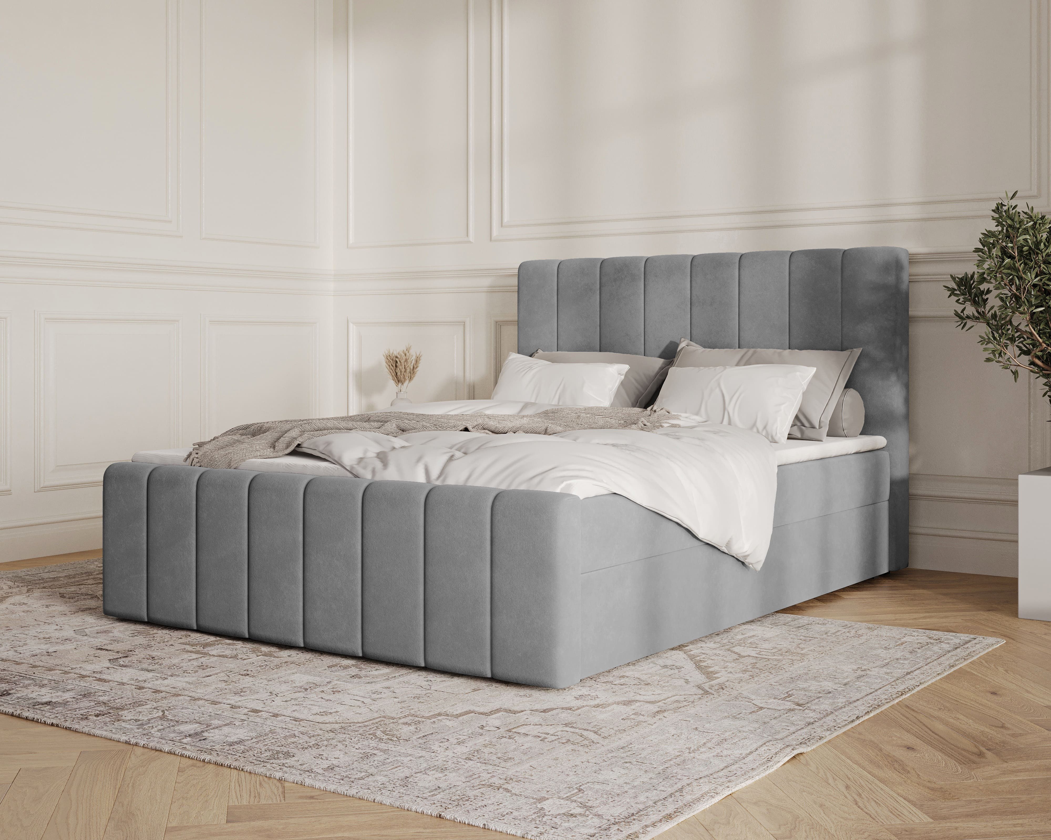 MOEBLO Boxbett BETT 01 BIS (Bonell, Topper, modernes Velours-Design mit Steppung & Stauraum, Doppelbett gepolstertes Kopfteil mit Bettkasten, aus Samt, Polsterbett Kontinentalbett, dekorativem Kopfteil, aus Samt), - (BxHxT):144/164/184x113x223 cm