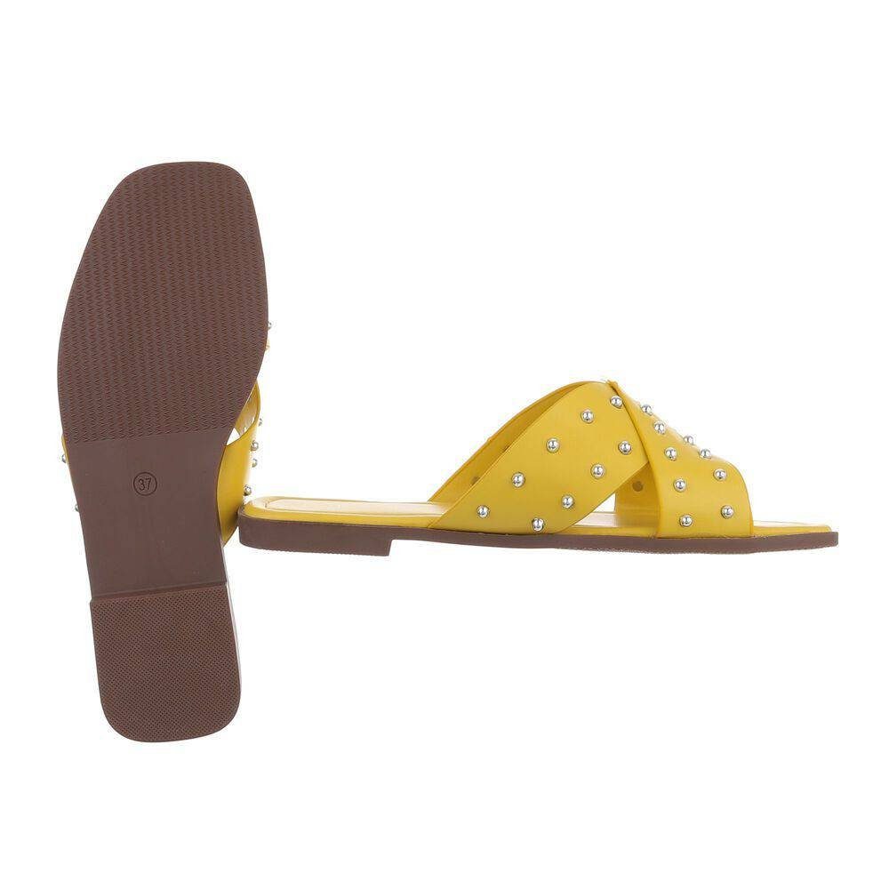 Sandalette Freizeit Damen Pantoletten in Gelb Mules Flach Ital-Design