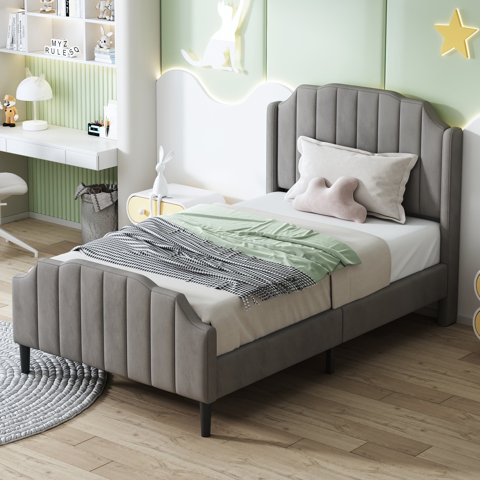 Polsterbett (Einzelbett 90 x 200 cm mit Kopfteil und Lattenrost), Jugendbett mit Gepolstertes Kopfteil, Bezug aus Samt