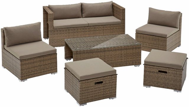 MERXX Loungeset Vigo, 16-tlg., 2er-Bank, 2 Sessel, 2 Hocker, Tisch, Polyrattan