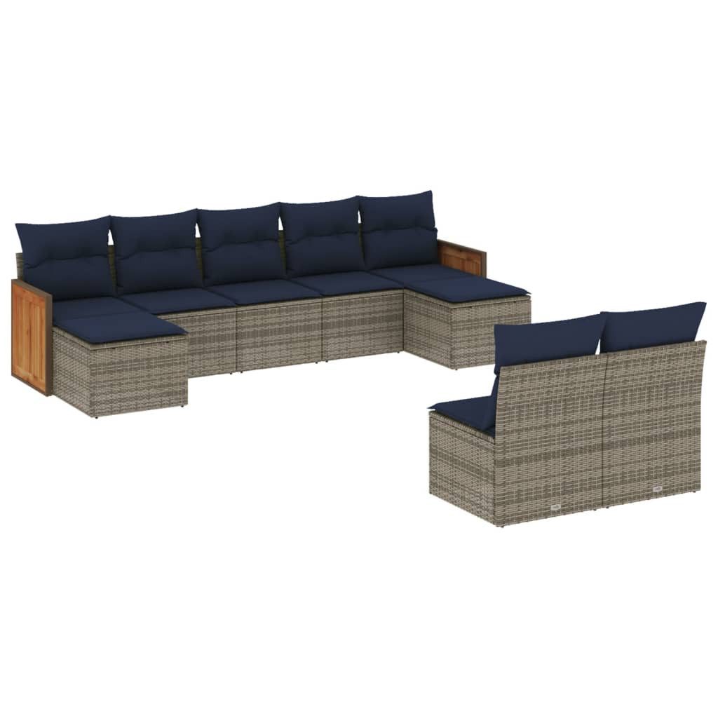 Gartenlounge-Set 9-teiliges Gartensofa-Set mit Kissen, grau, Polyrattan