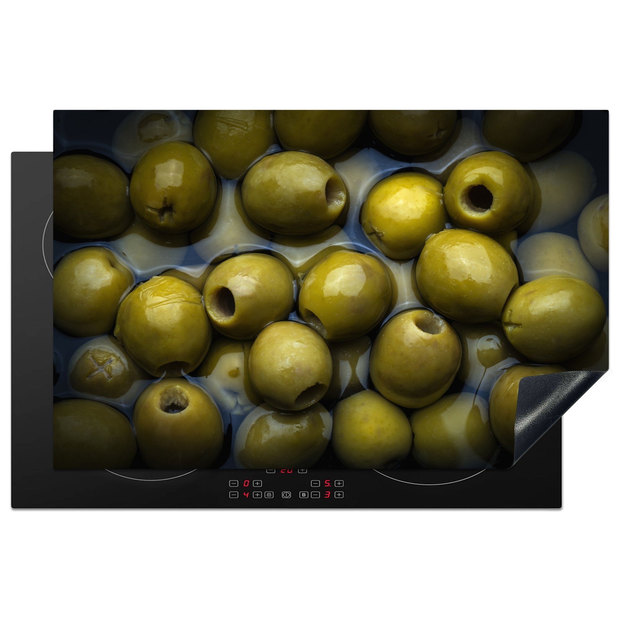 MuchoWow Herdblende-/Abdeckplatte Grüne Oliven in einer Marinade, Vinyl, (1 tlg), 81x52 cm, Induktionskochfeld Schutz für die küche, Ceranfeldabdeckung
