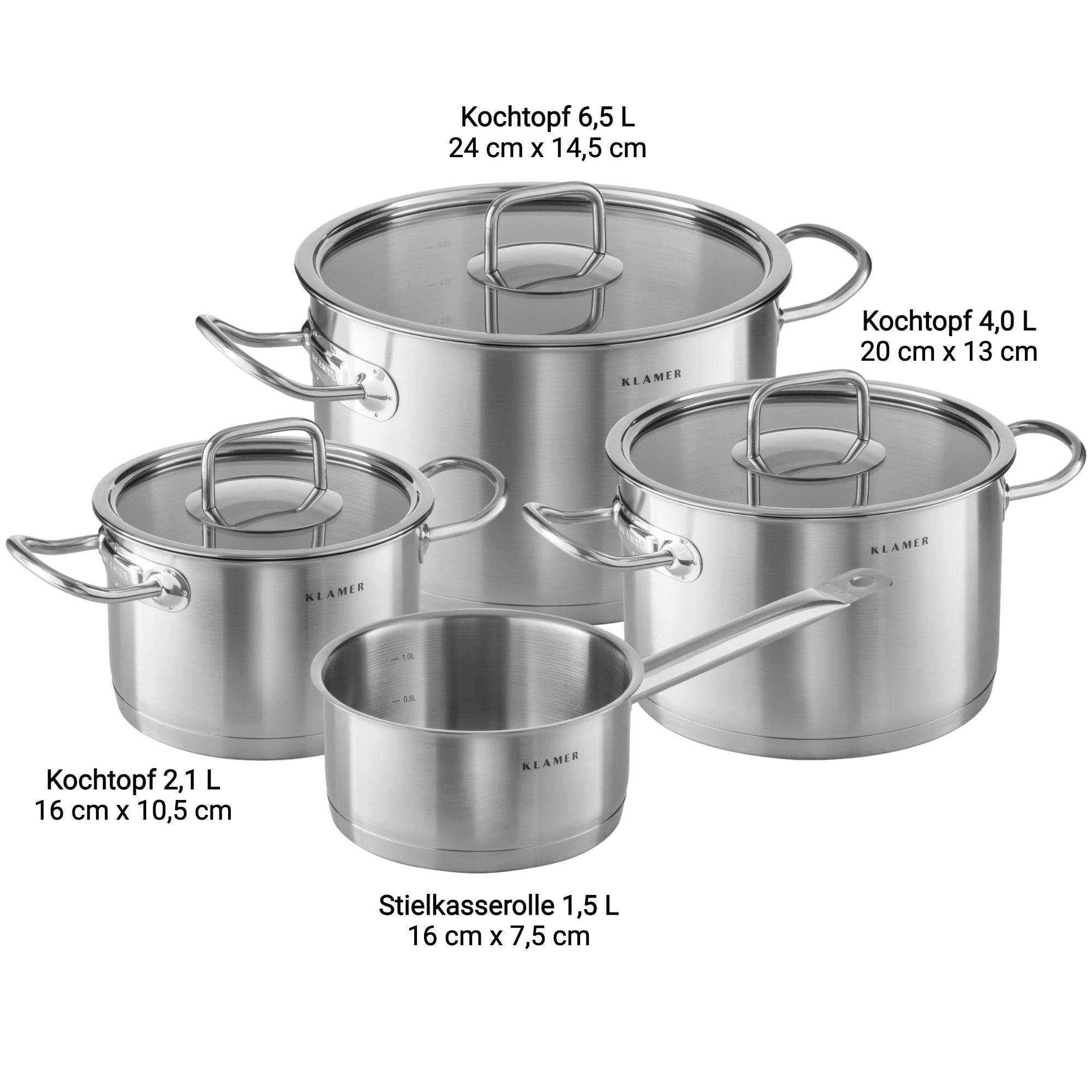 KLAMER Topf-Set 4-tlig. mit Glasdeckel, Induktion, extra dicke Wand- und Bodenstärke …, Edelstahl (4-tlg), Energiesparend, Messskala, Güteglasdeckel, tropffrei abgießen