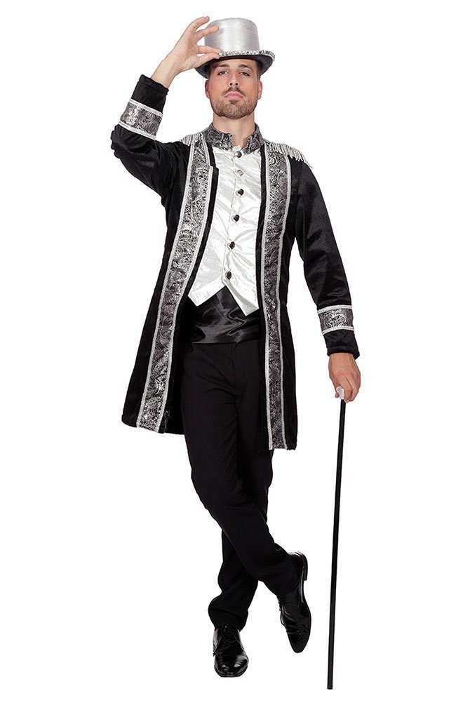 Karneval-Klamotten Kostüm Frack Herren Samt schwarz mit Borde Brokat silber, Parade Frack Herrenkostüm Männerkostüm Karneval Fasching