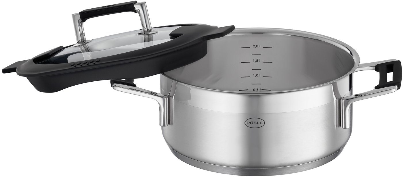 RÖSLE Bratentopf SILENCE PRO, Edelstahl 18/10, Innenskalierung, Schüttrand, spülmaschinengeeignet, Ø 20 cm, Induktion