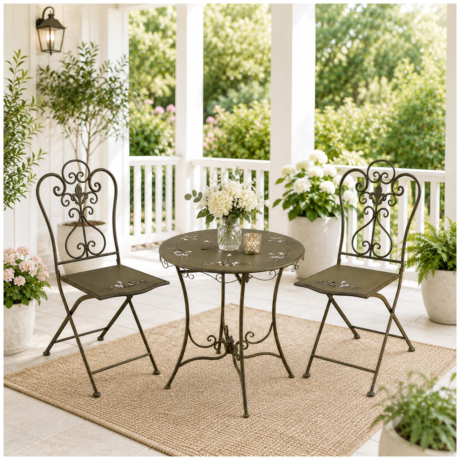 HTI-Living Sitzgruppe Tischgruppe Braun Lily, (Set, 3-tlg., 1x Tisch, 2x Stühle), Sitzgruppe Metall Garten nostalgisch