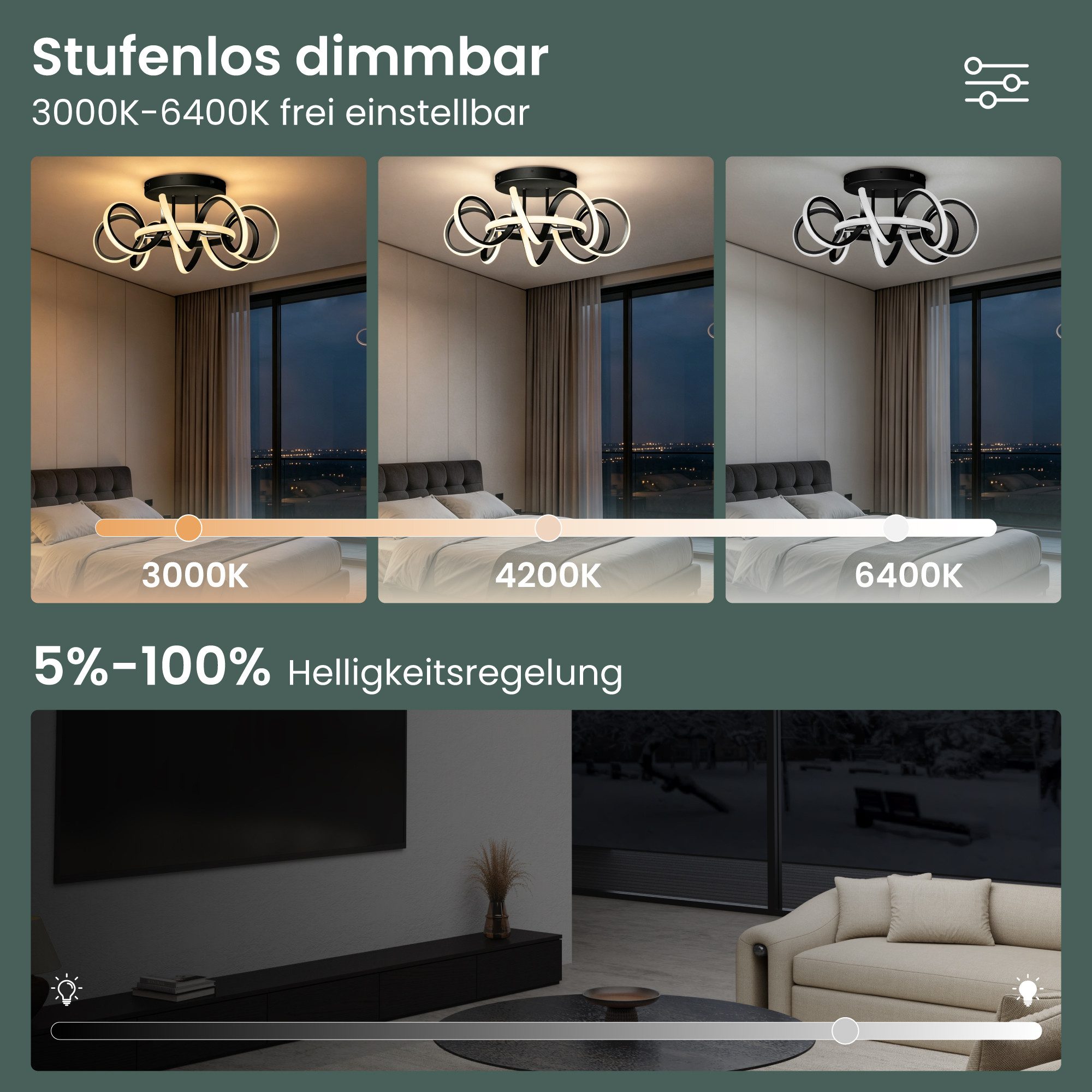 Mai & Mai Pendelleuchte LED Deckenleuchte dimmbar 3000–6400K 58cm 112W Schwarz Nuvora06, LED fest integriert, Farbtemperatur einstellbar: 3000K – 6400K, flimmerfrei,mit Fernbedienung oder Wandschalter,energiesparend