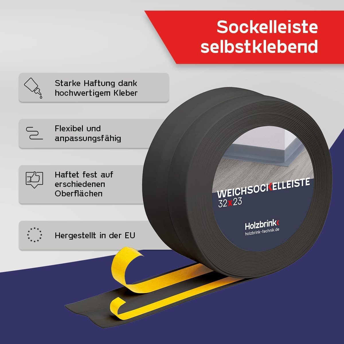 HOLZBRINK Sockelleiste PVC Weichsockelleiste selbstklebend 32x23mm Dunkelgrau, L: 1000 cm, 10m Rolle, Küchenabschlussleiste Arbeitsplatte, Fensterleiste, Fensterabdichtung