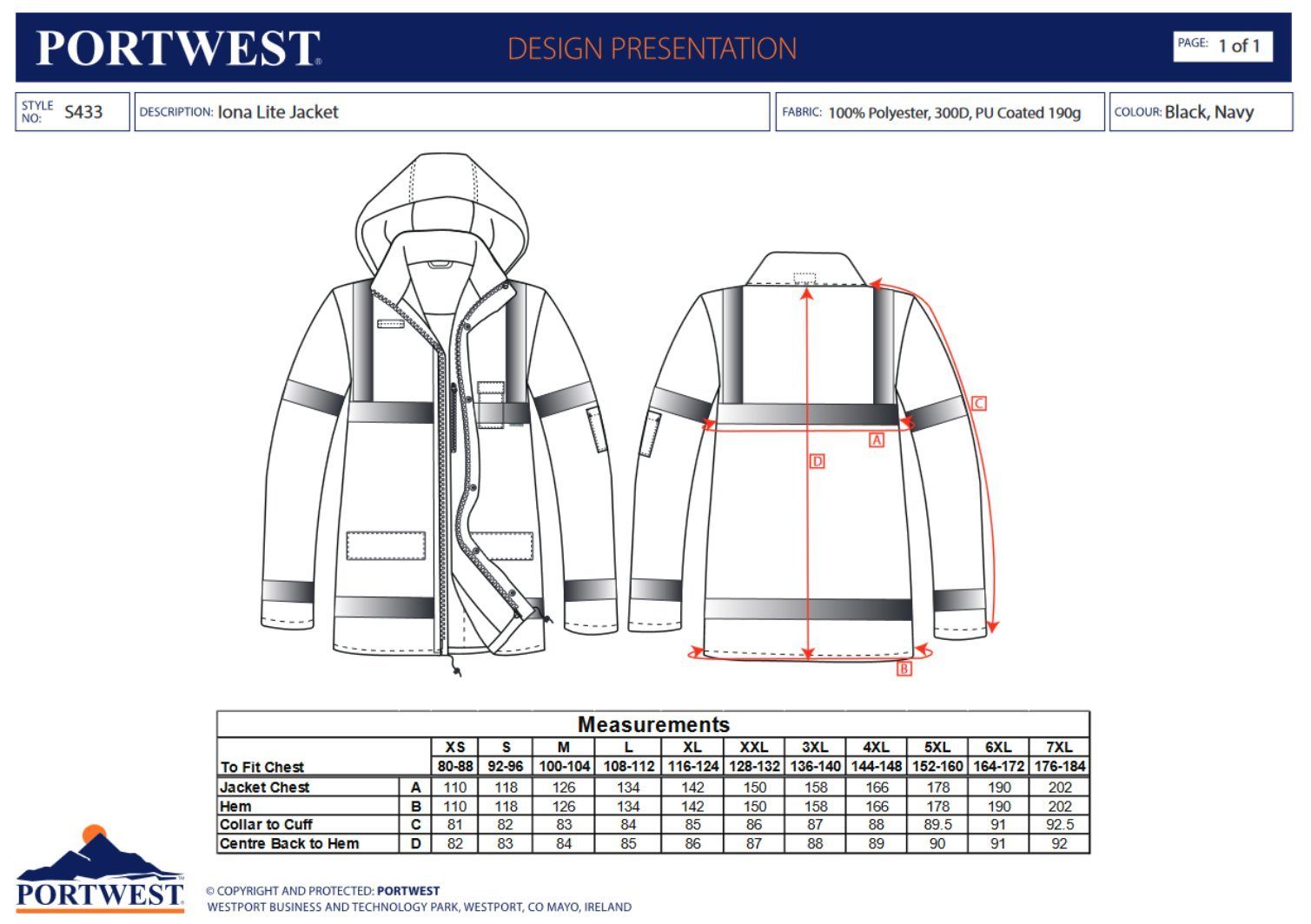 Portwest Arbeitsjacke S433 - Iona Lite Verkehrsjacke Farbe Marineblau (S433) atmungsaktiv