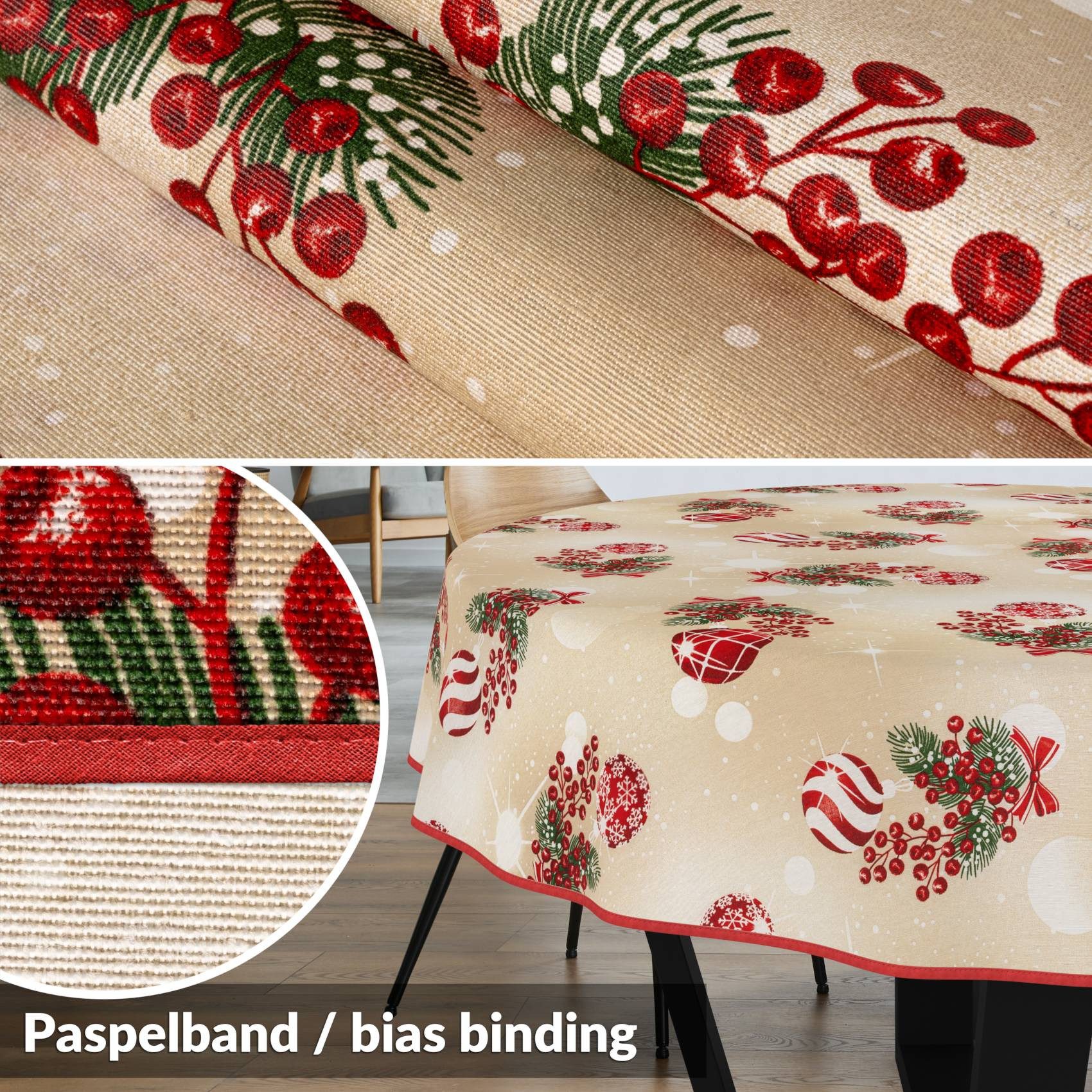 ANRO Tischdecke Weihnachten abwaschbare Weihnachtstischdecke (Einzelstück 1-tlg), Schmutzabweisend Weihnachten Beige Rund 100cm – Bild 3 von 5