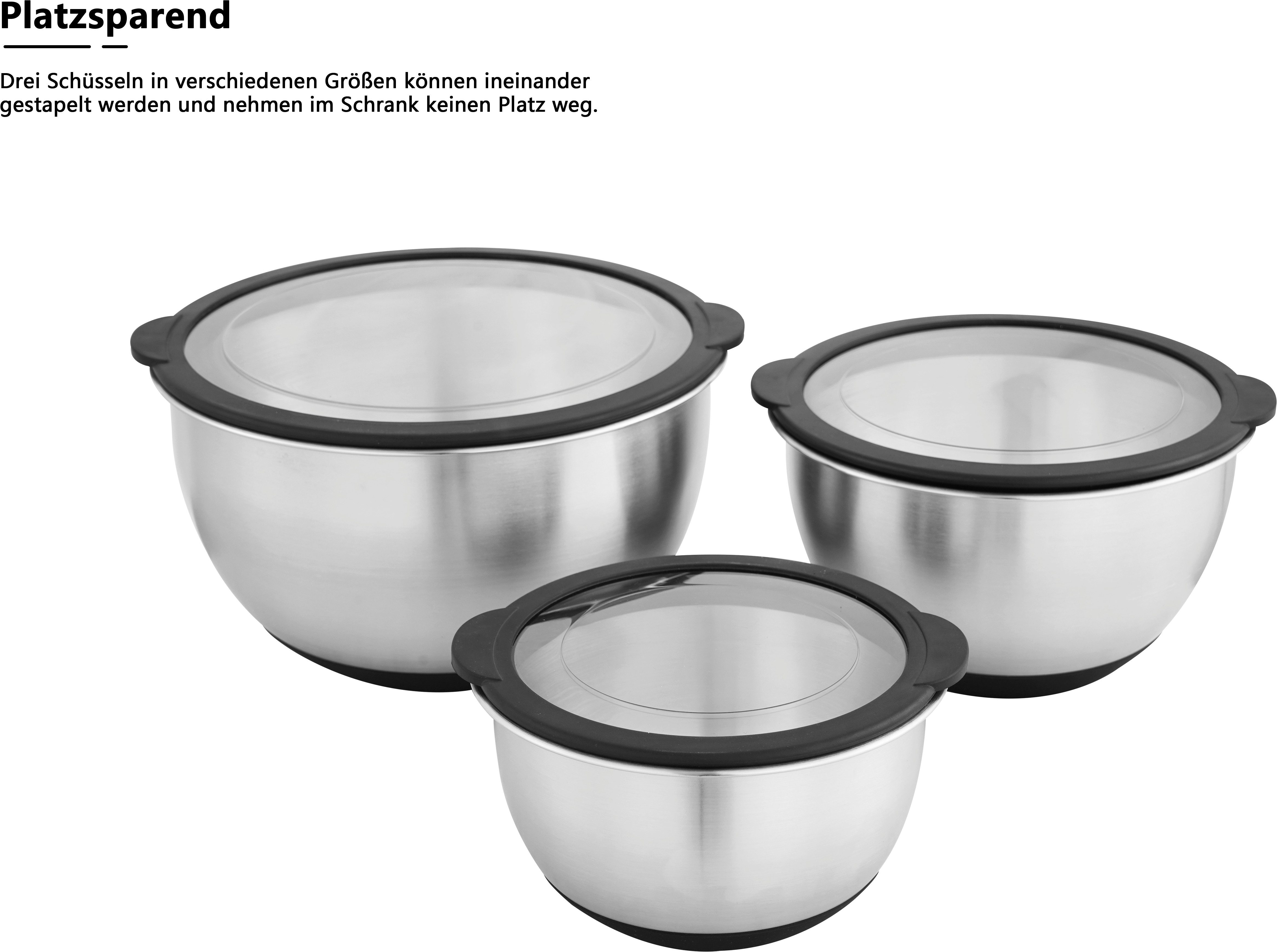 OTTO home Schüssel Sissela, inkl. Deckel, Ø 16 / 20 / 24 cm, Edelstahl 18/10, (Set, 3-tlg), Ideal zum Zubereiten, Lagern und Servieren von Speisen
