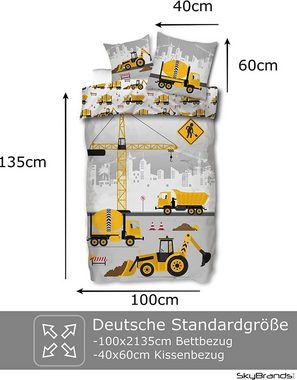 Jugendbettwäsche Kinder Bettwäsche 100x135 Jungen Baumwolle Bettwäsche Bagger Baustelle, SkyBrands