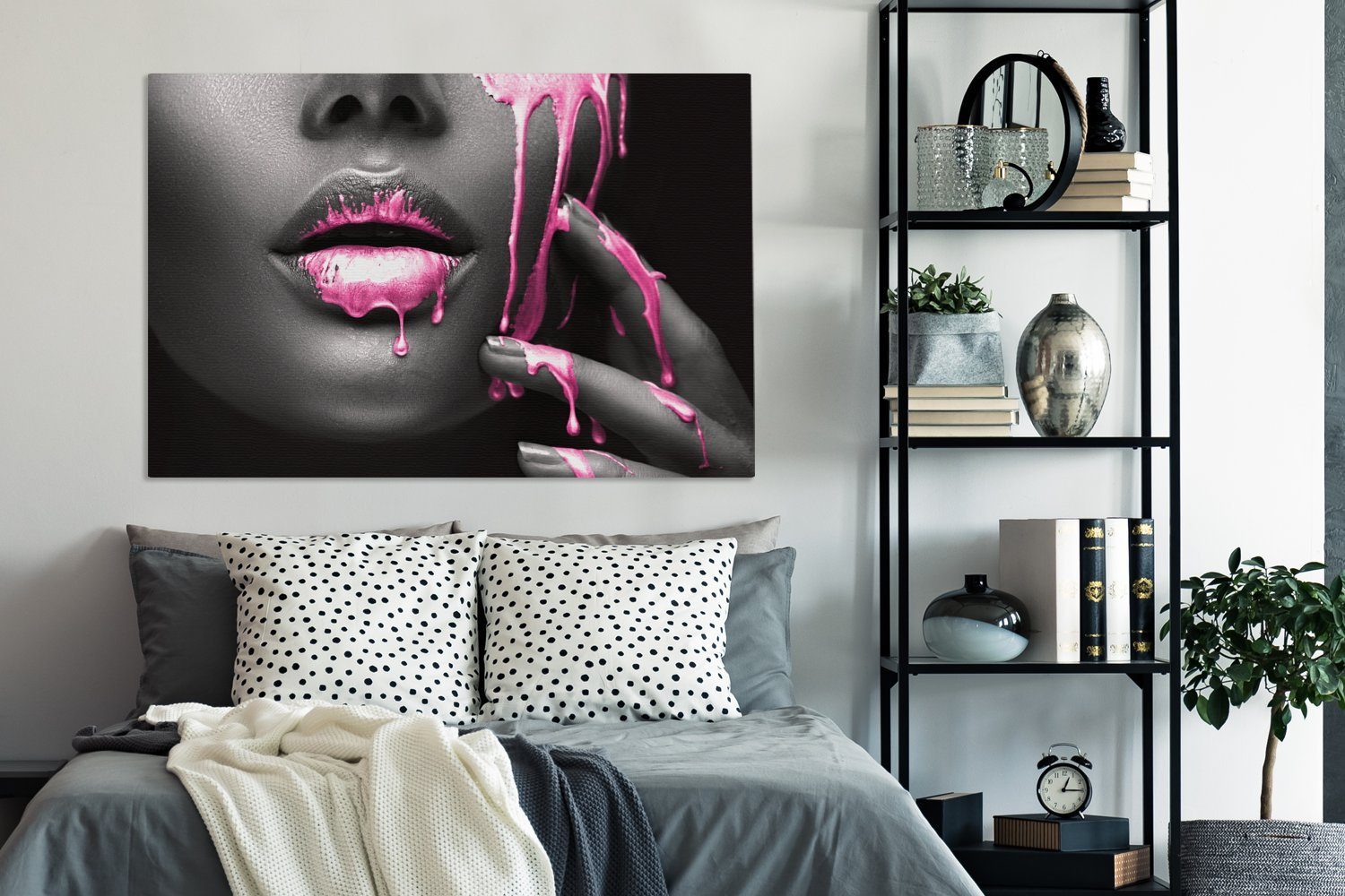 OneMillionCanvasses® Leinwandbild Lippen - Rosa für 120x80 großes, alle XXL, Wohnbereiche, cm Schwarz, (1 Gemälde, St), Wandbild 