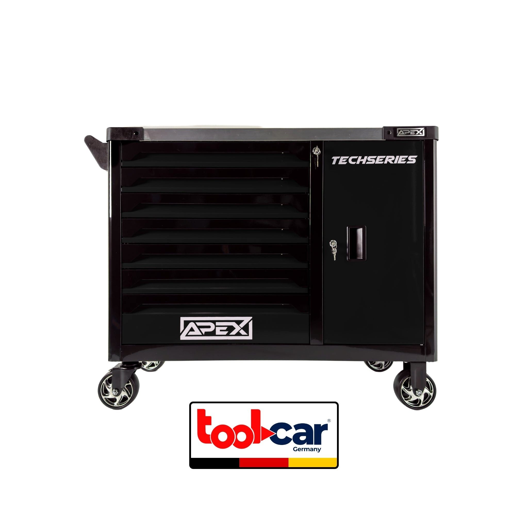 Toolcar Werkzeugwagen Тележка для мастерских 7 Schubladen -7 befüllt/bestückt/gefüllt mit Werkzeug, abschließbar, kugelgelagerte Rollen, Chrom-Vanadium-Stahl, stabil, max. Traglast:35 kg, 350-tlg. Werkzeugset, (Soft-Close, kugelgelagert, Zentralverriegelung, 4 Rollen, 350-tlg., EVA-sortiert: Steck/Ratschen, Torx, Schraubendreher, Zangen), Seitenschrank, Arbeitsplatte mit Ablagen, Fußbremse