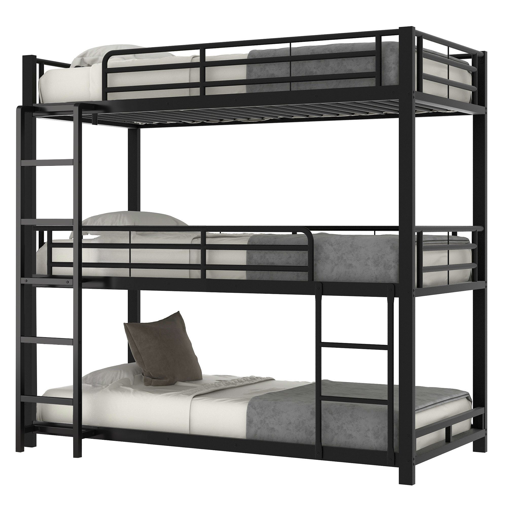 SOFTWEARY Etagenbett mit 3 Schlafgelegenheiten und Lattenrost (90x200 cm), Metallbett mit Rausfallschutz und Leiter