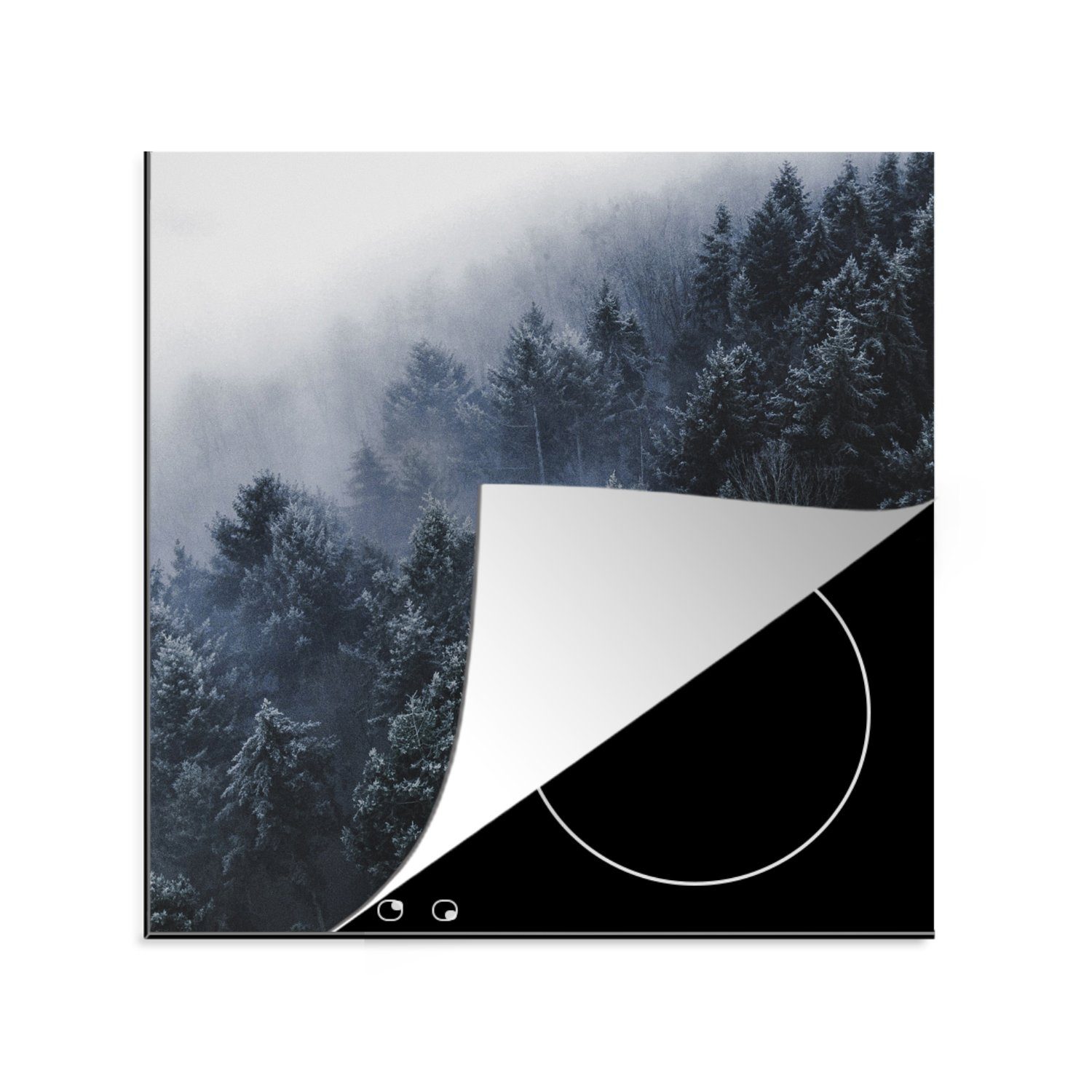 MuchoWow Herdblende-/Abdeckplatte Bäume - Nebel - Kiefer, Vinyl, (1 tlg), 78x78 cm, Ceranfeldabdeckung, Arbeitsplatte für küche