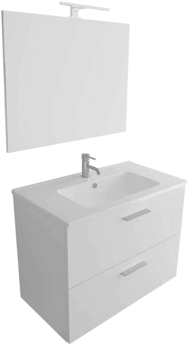 Vitra Badmöbel-Set Gäste WC Waschbecken mit Unterschrank und Spiegel - Baden Set Weiss, (3-tlg. Badezimmerschrank Set, 3-St., Waschbeckenunterschrank Set Vormontiert), Schubladenschrank mit Softclose - Waschbeckenunterschrank Hängend