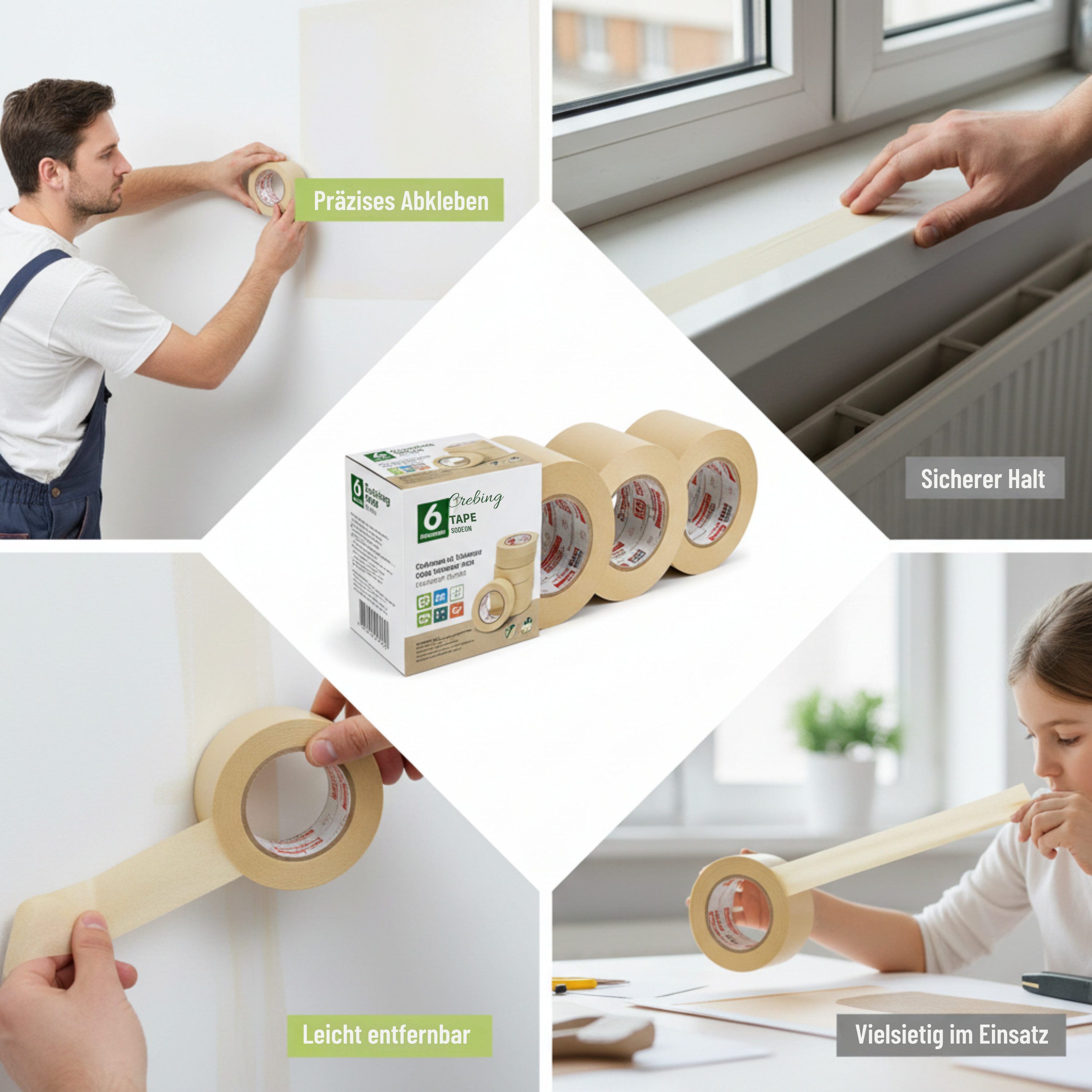varivendo Kreppband 6 Rollen Klebeband Kreppklebeband Maler+ Feinkreppband 50mm x 50m Klebeband Malerband Kreppband Abdeckband Feinkreppband Malerkrepp