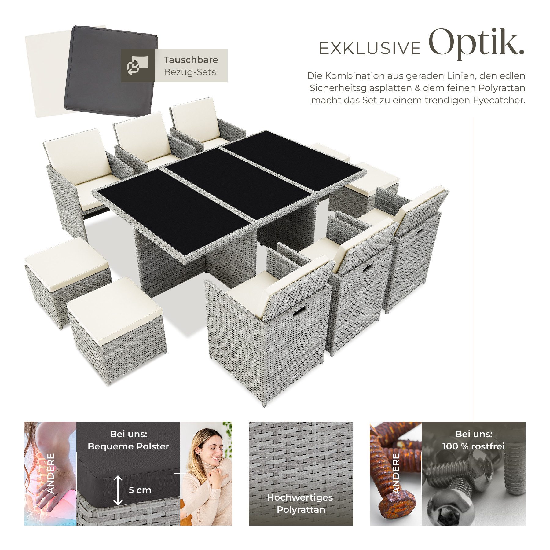 tectake Sitzgruppe Aluminium Rattan Gartenlounge für 6 bis 10 Personen, Inkl., (Loungeset New York, 12-tlg., für Außen in Hellgrau), wetterfest und UV-beständig, 2 Bezugssets, mit Sicherheitsglasplatten