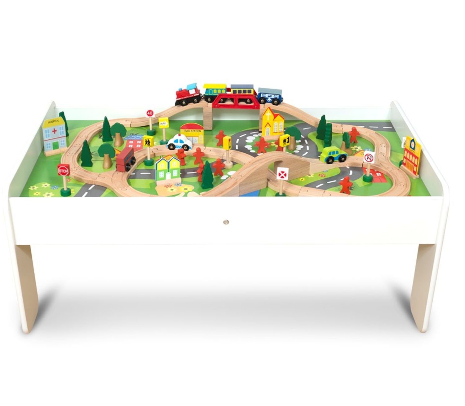 Coemo Игрушкиeisenbahn-Set, Set aus Holz Spieltisch für Kinder und 90 tlg. Holzeisenbahn