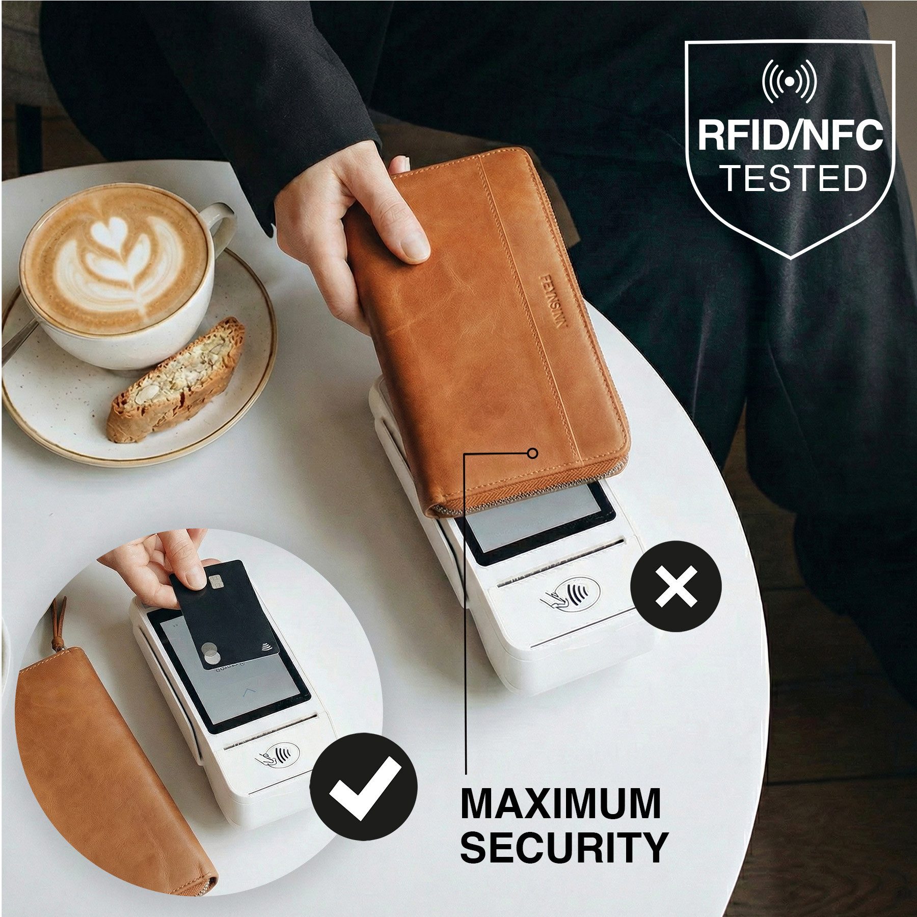 FEYNSINN Geldbörse RONJA tan, Geldbörse Echtleder Damen, Geldbeutel Münzbörse hellbraun