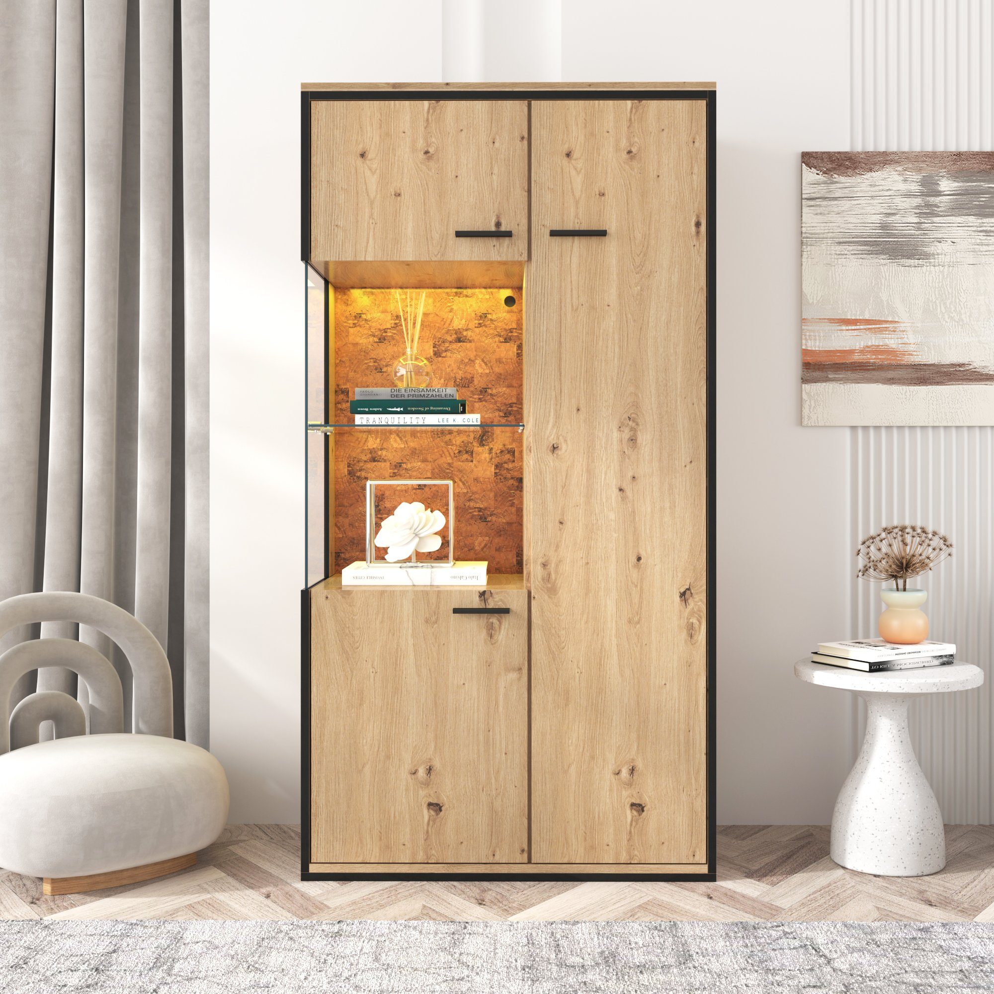 Beleuchtung, (Schrank WISHDOR Farboptionen, Glastür LED-Beleuchtung 150Hx78Bx40Tcm mit Vitrine Präsentationsmöbel - Schaukasten, mit Möbel - mit 15 Glastü)