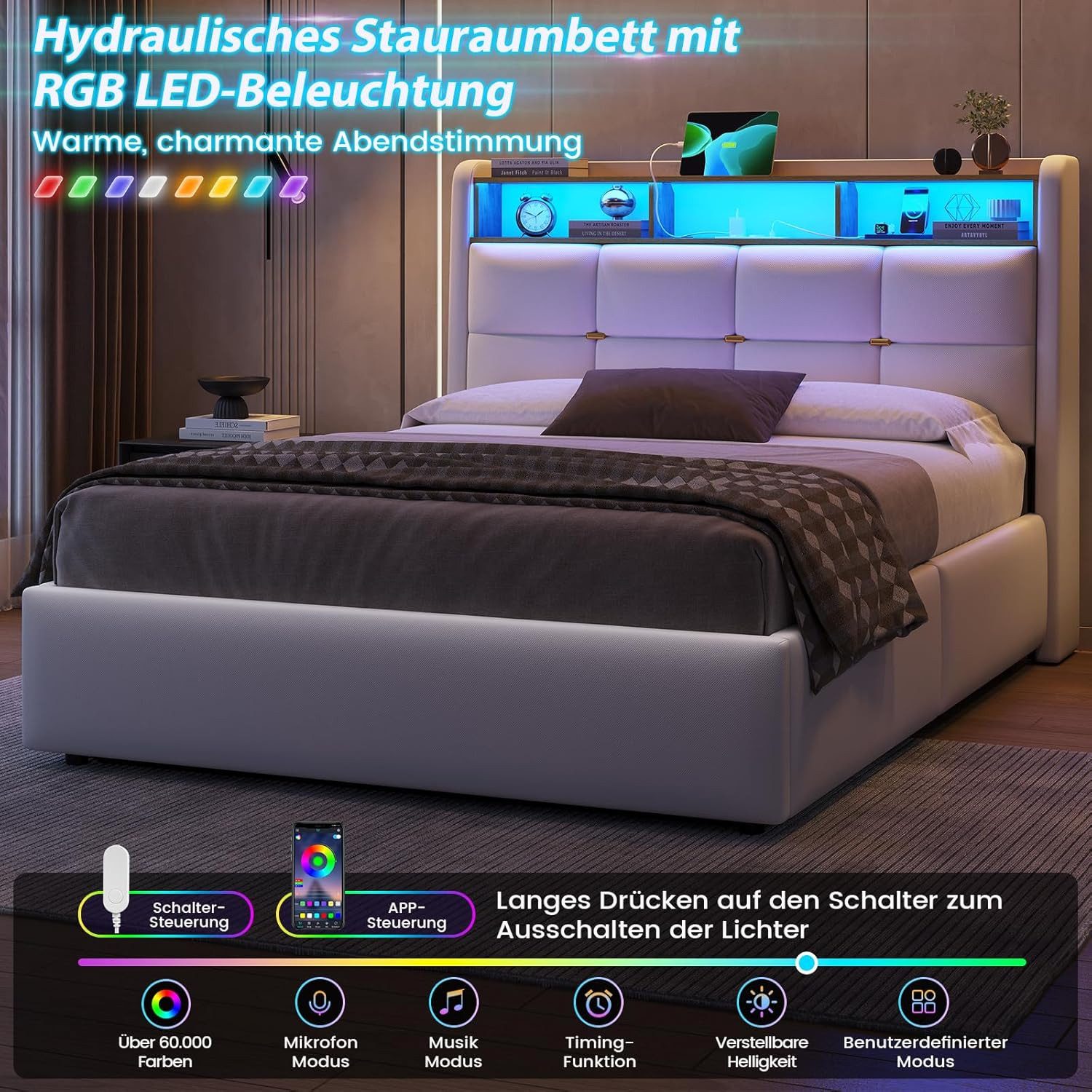MSMASK Polsterbett mit LED Beleuchtung und Steckdosenleiste, hydraulisches Stauraumbett (1-tlg., Ohne Matratze), Jugendbett mit Bettkasten Stauraum, 140x190cm – Bild 5 von 5
