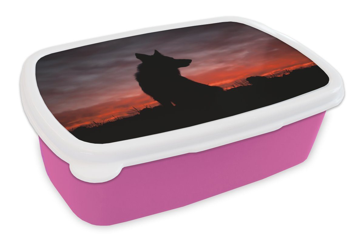 MuchoWow Lunchbox Wolf - Raubtier - Sonnenuntergang, Kunststoff, (2-tlg), Brotbox für Erwachsene, Brotdose Kinder, Snackbox, Mädchen, Kunststoff rosa