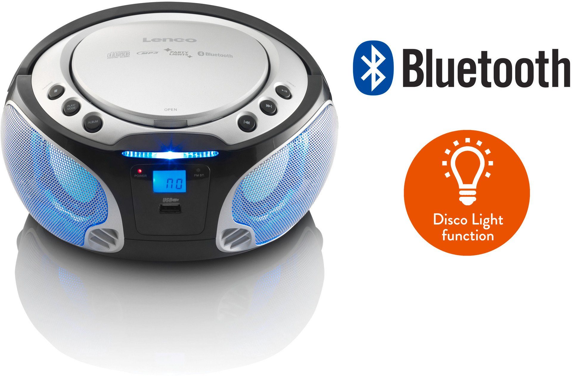 BT, Lenco silberfarben SCD-550SI m. USB, CD-Radio (FM-Tuner) MP3, Boombox Lichteffekt