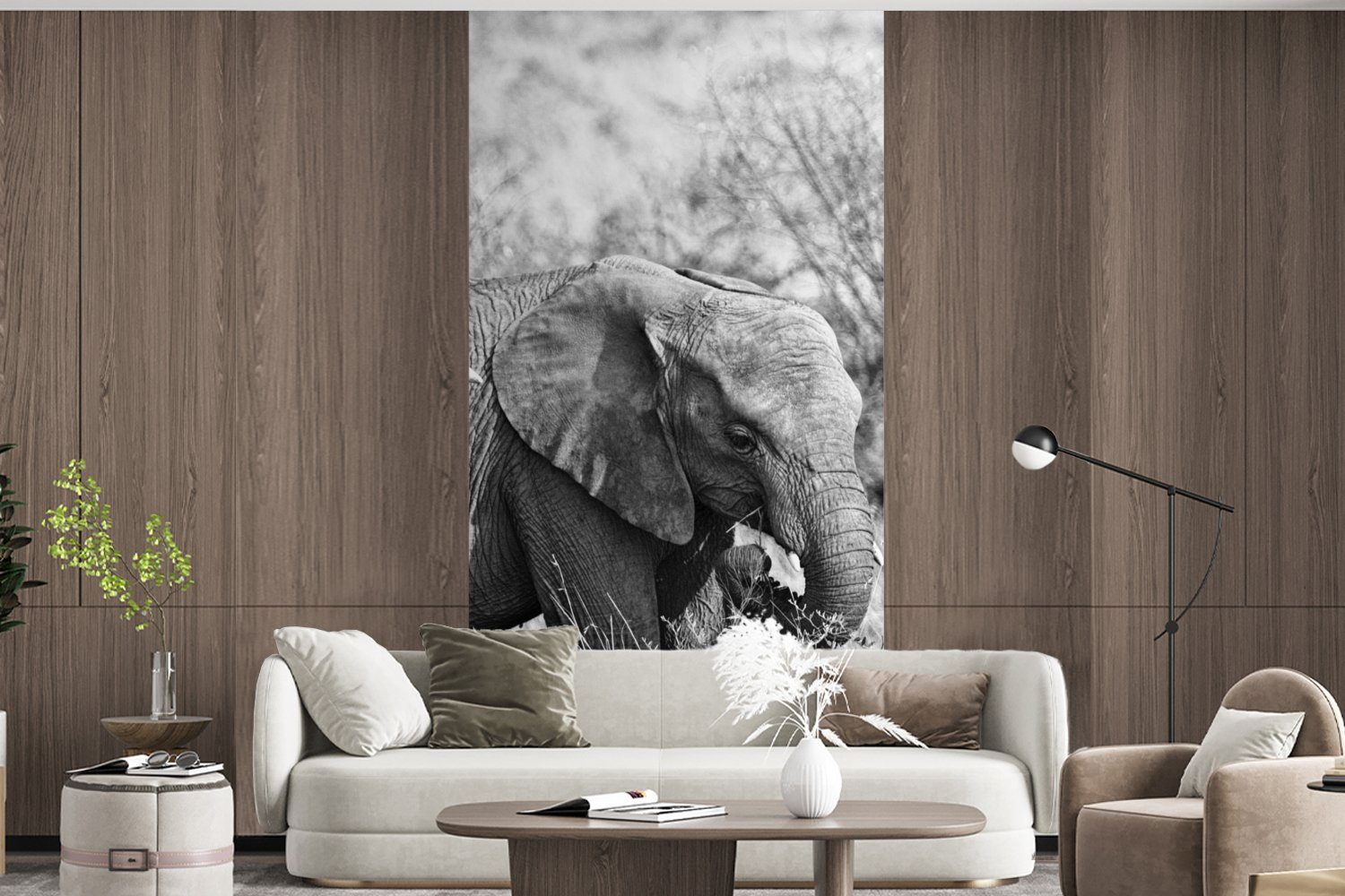 Wohnzimmer Elefant weiß, Schlafzimmer St), Gras für (2 Schwarz - - Matt, Vliestapete bedruckt, - MuchoWow Fototapete Fototapete Küche, und Tiere