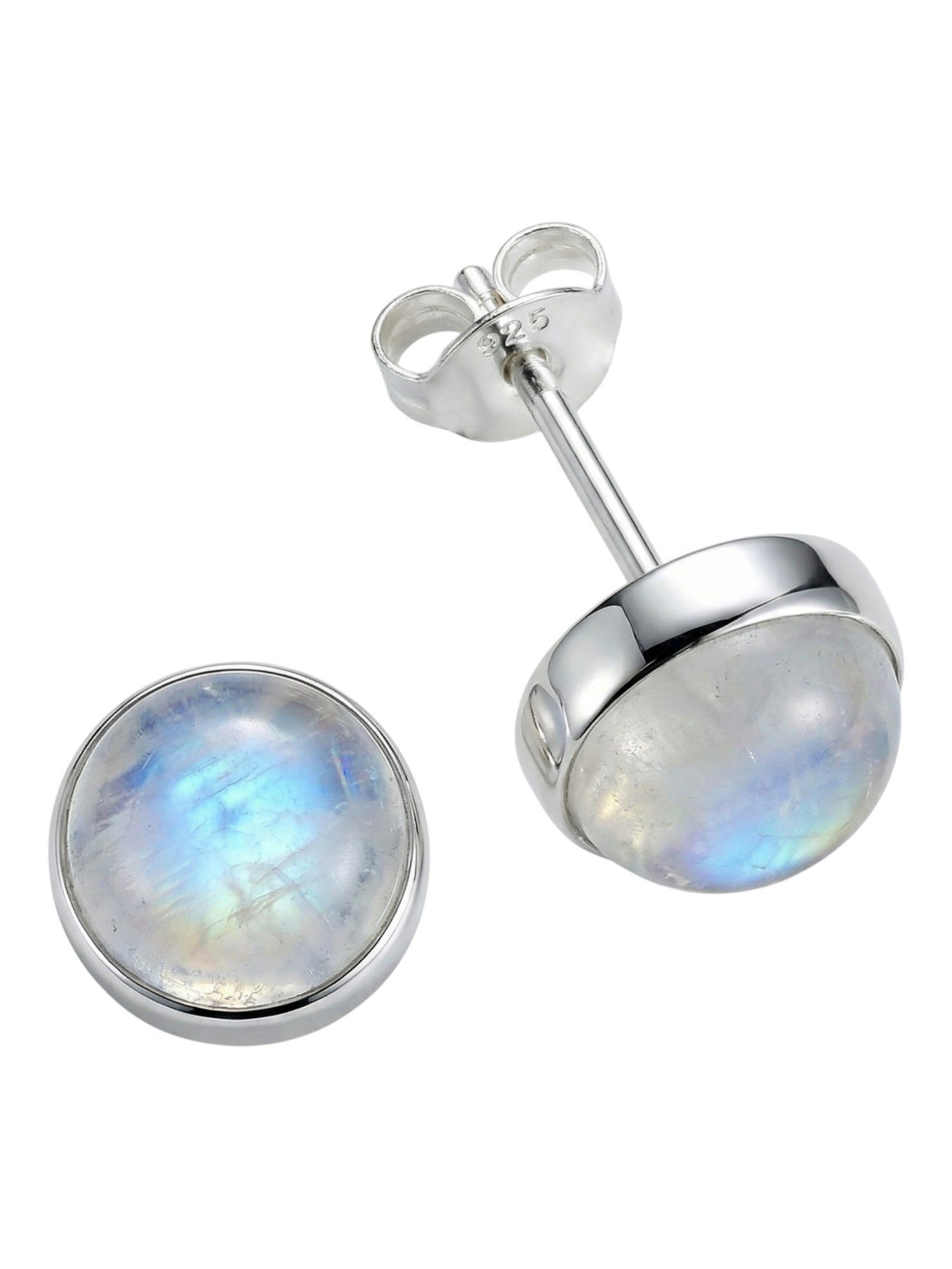 mantraroma Paar Ohrstecker SAMA rund groß aus 925 Silber mit Regenbogen Mondstein (Paar, Paar Ohrringe mit Schmuckbeutel), 925 Sterling Silber Ohrringe für Damen