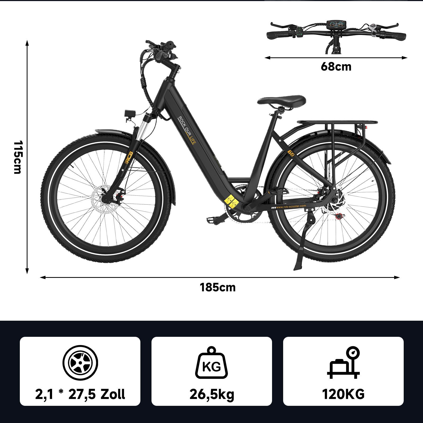 RCB E-Bike Pedelec G6 für Stadt und Gelände,27,5 Zoll Damen Elektrofahrrad,13Ah,60-100 km, 7 Gang, Heckmotor, 468 Wh, APP&NFC,ebike Damen,Gepäckträger hinten,max. Geschwindigkeit: 25 km/h
