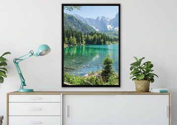 Pixxprint Leinwandbild Bergsee mit Wald, Wanddekoration (1 St), Leinwandbild fertig bespannt, in einem Schattenfugen-Bilderrahmen gefasst, inkl. Zackenaufhänger
