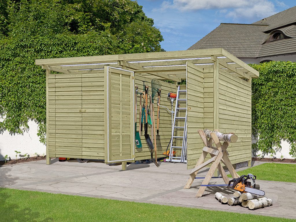 Belladoor Gartenhaus Gerätehaus Riga 9 mm kesseldruckimprägniert, BxT: 408x254 cm, 9 mm Wandstärke, Doppeltür mit Kunstglas-Einsätzen, Kesseldruckimpr...