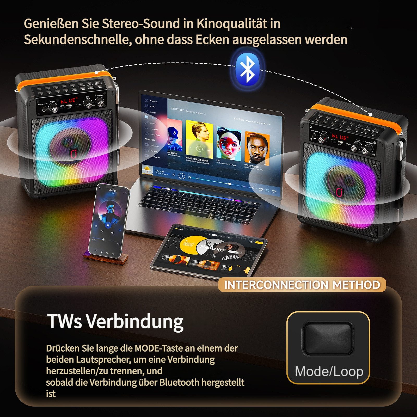 JYX Tragbare Karaoke Anlage mit 2 kabellosen Mikrofonen Bluetooth-Lautsprecher (Bluetooth, mit TWS Stereo, LED Lichteffekten (ohne Tablet) – Bild 5 von 5