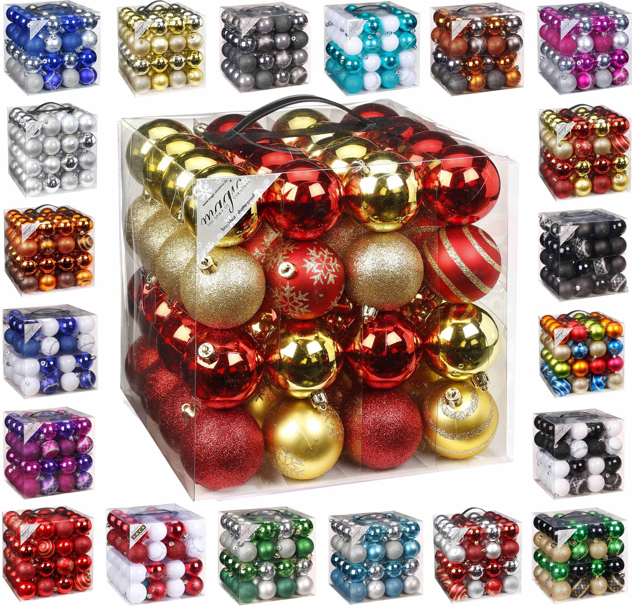 JACK Christbaumschmuck 64x Kunststoff Christbaumkugeln Ø 6cm Baum Kugeln inkl. Aufhänger, Mit praktischer Aufbewahrungsbox, Optik: matt / glänzend / glitzernd
