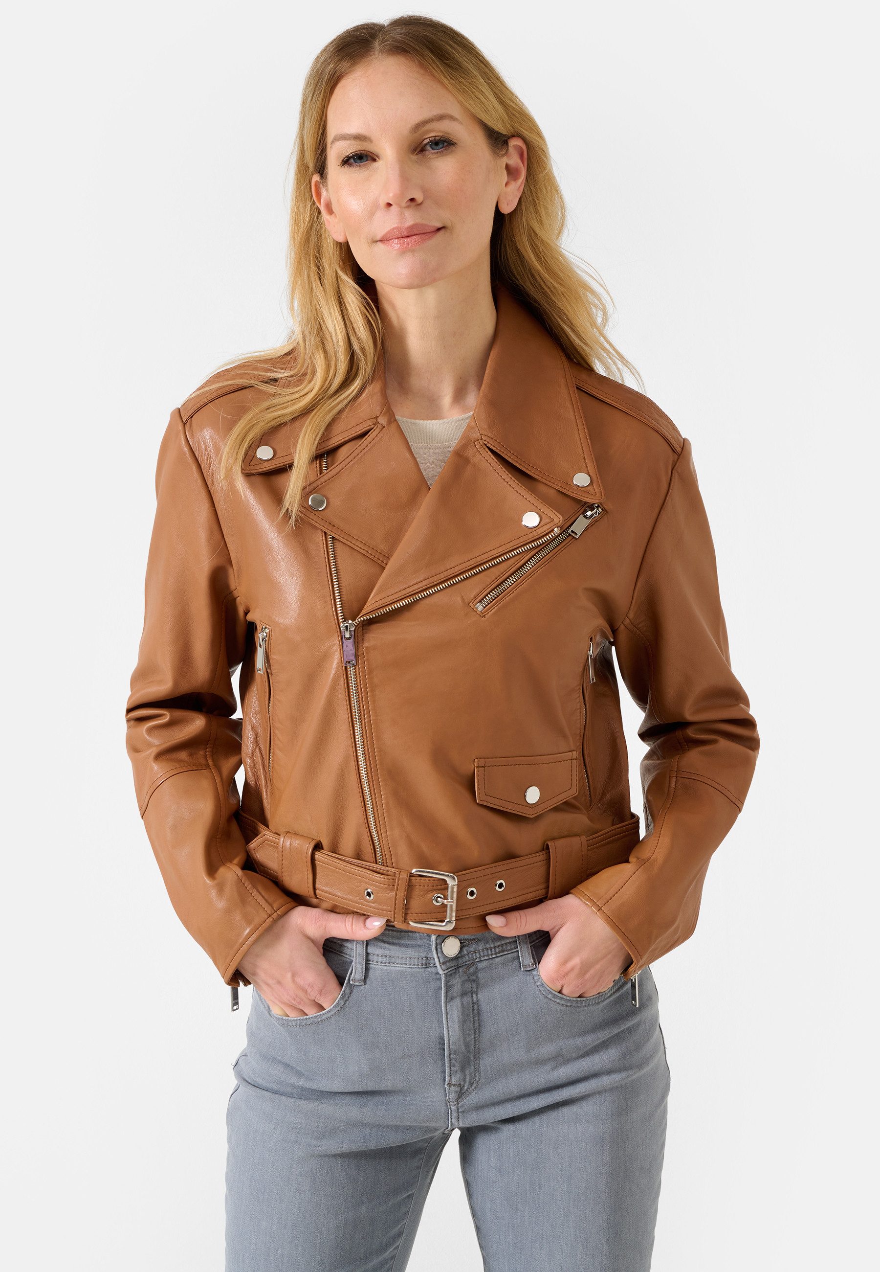 RICANO Lederjacke Hera Lederjacke mit Gürtel und Reverskragen