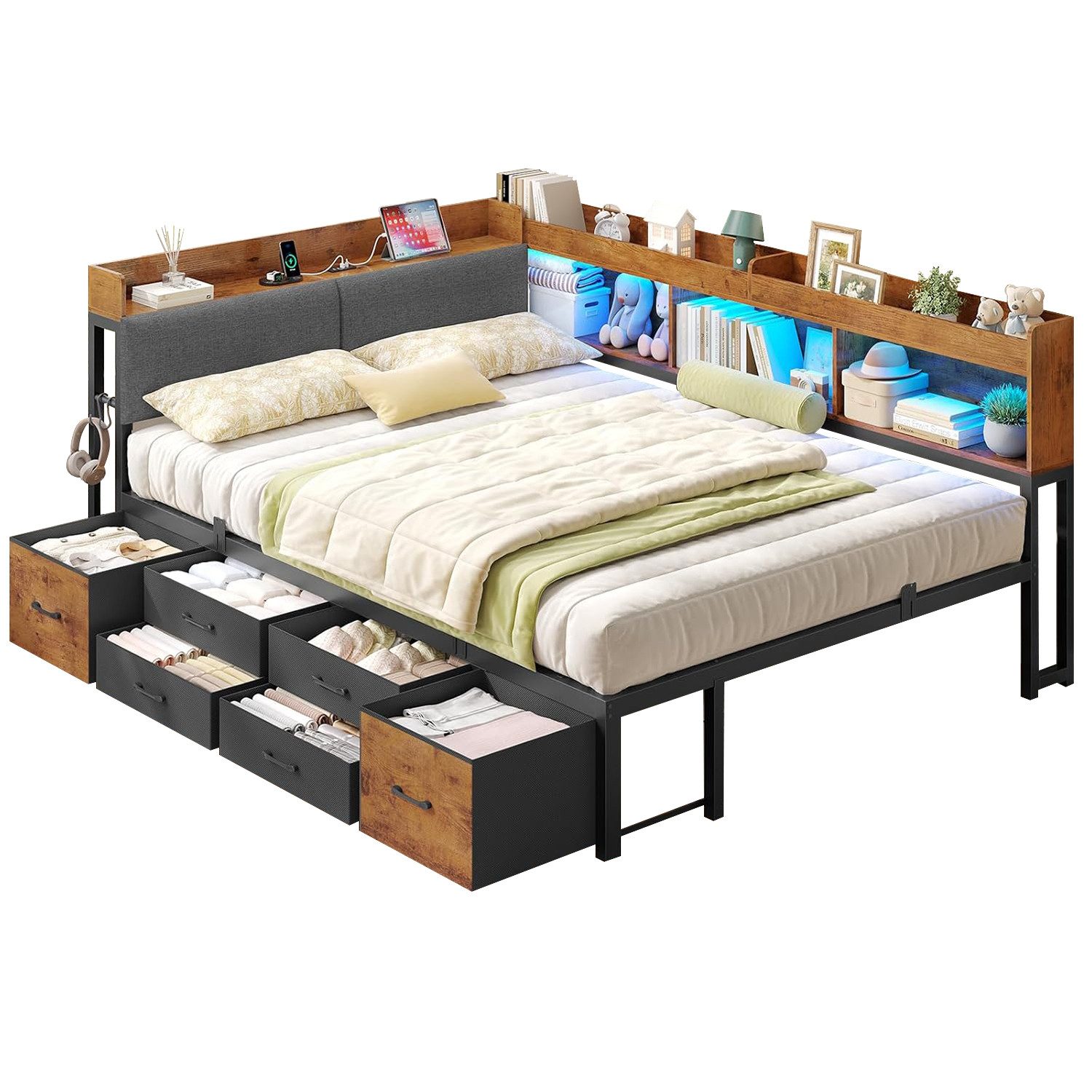 MSMASK Daybett Tagesbett Schlafsofa mit LED-Beleuchtung & Ladestation, Jugendbett mit 6 Staufächern und 6 Schubladen – Liegefläche 140x200 cm