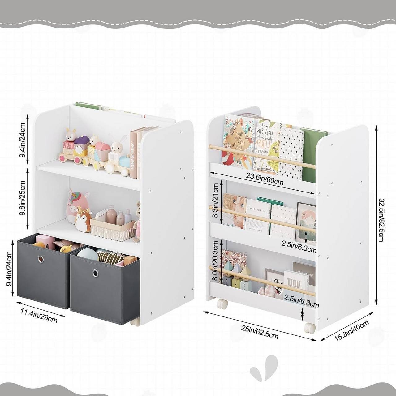 Woltu Kinderregal, 1-tlg., 2 in 1 Bücherregal mit Boxen auf Rollen