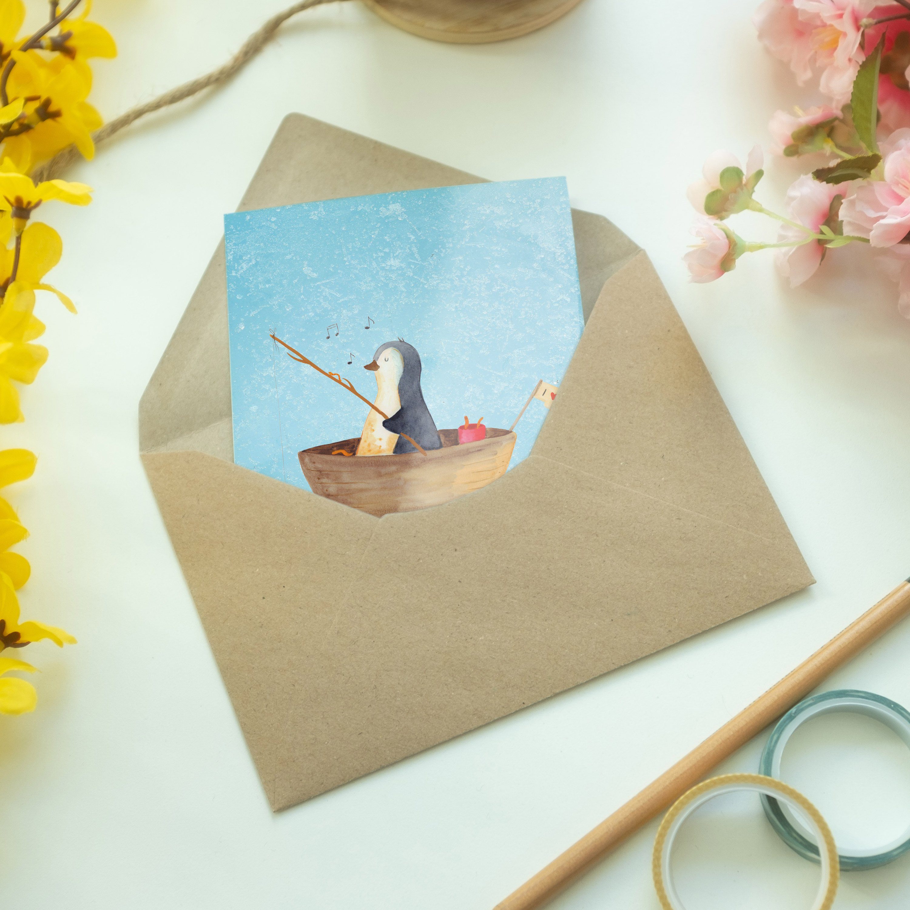 Pinguin Grußkarte - Mr. & Panda - Eisblau Klappkarte Geburtstagskarte, Angelboot Mrs. Geschenk,
