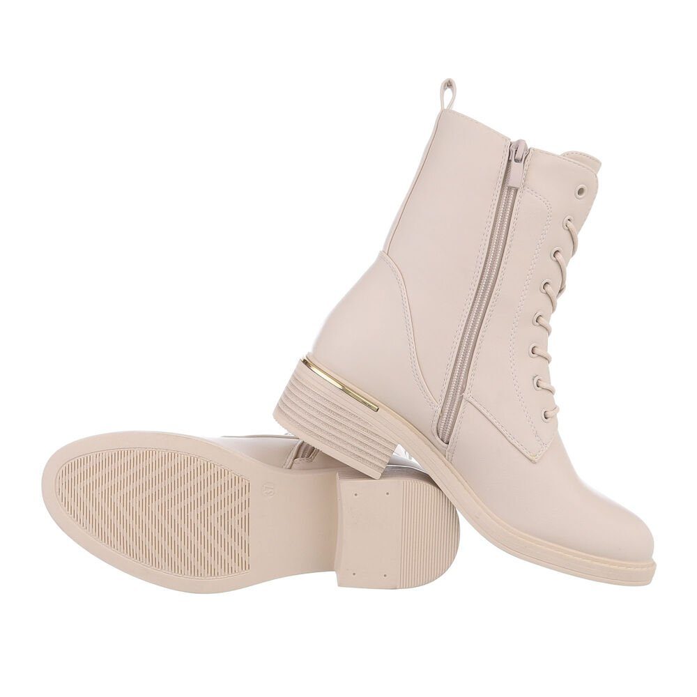 Ital-Design Damen Schnürschuhe Freizeit in Blockabsatz Beige Schnürstiefeletten Schnürstiefelette