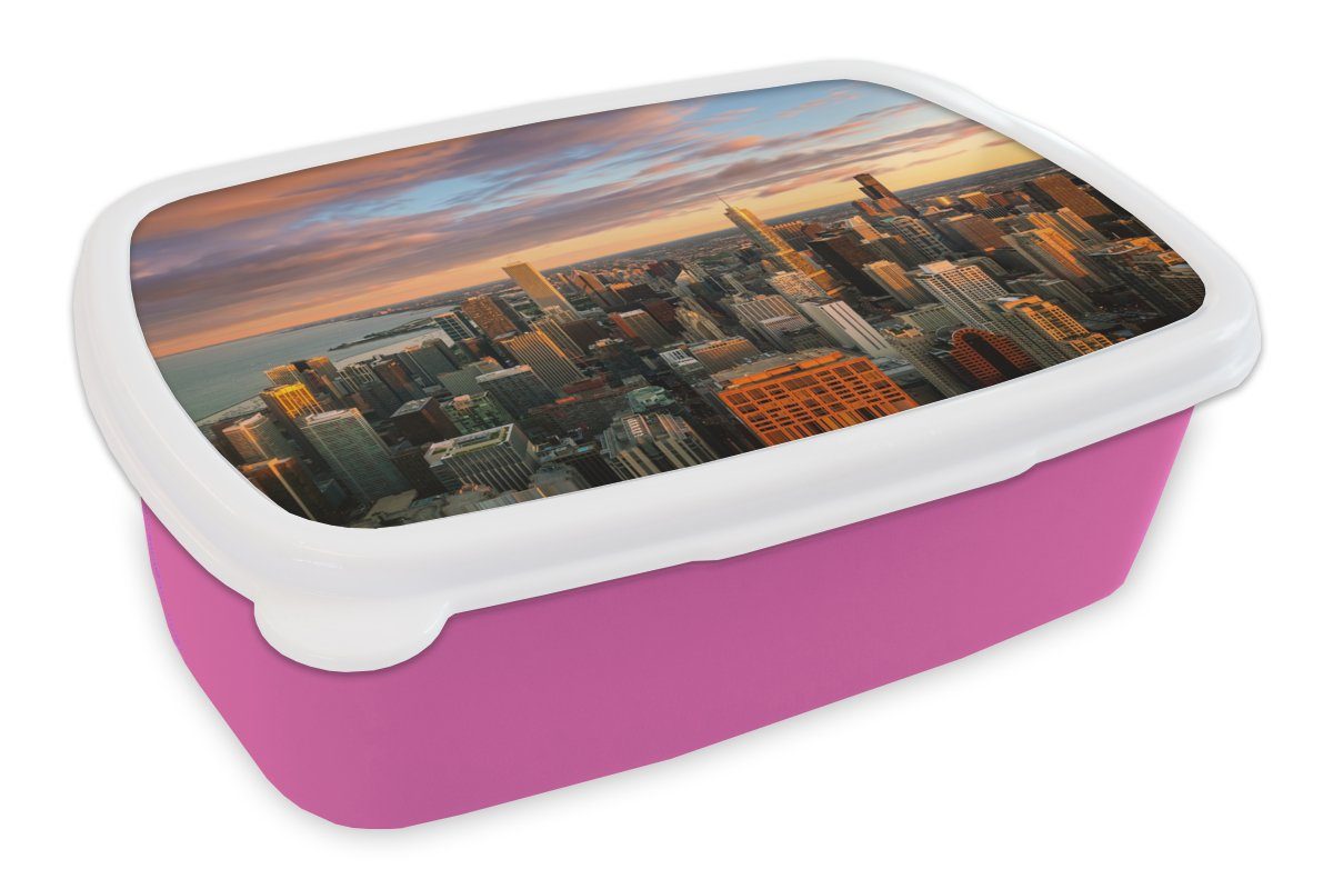 MuchoWow Lunchbox Skyline - Stadt - Wolken - Amerika, Kunststoff, (2-tlg), Brotbox für Erwachsene, Brotdose Kinder, Snackbox, Mädchen, Kunststoff rosa