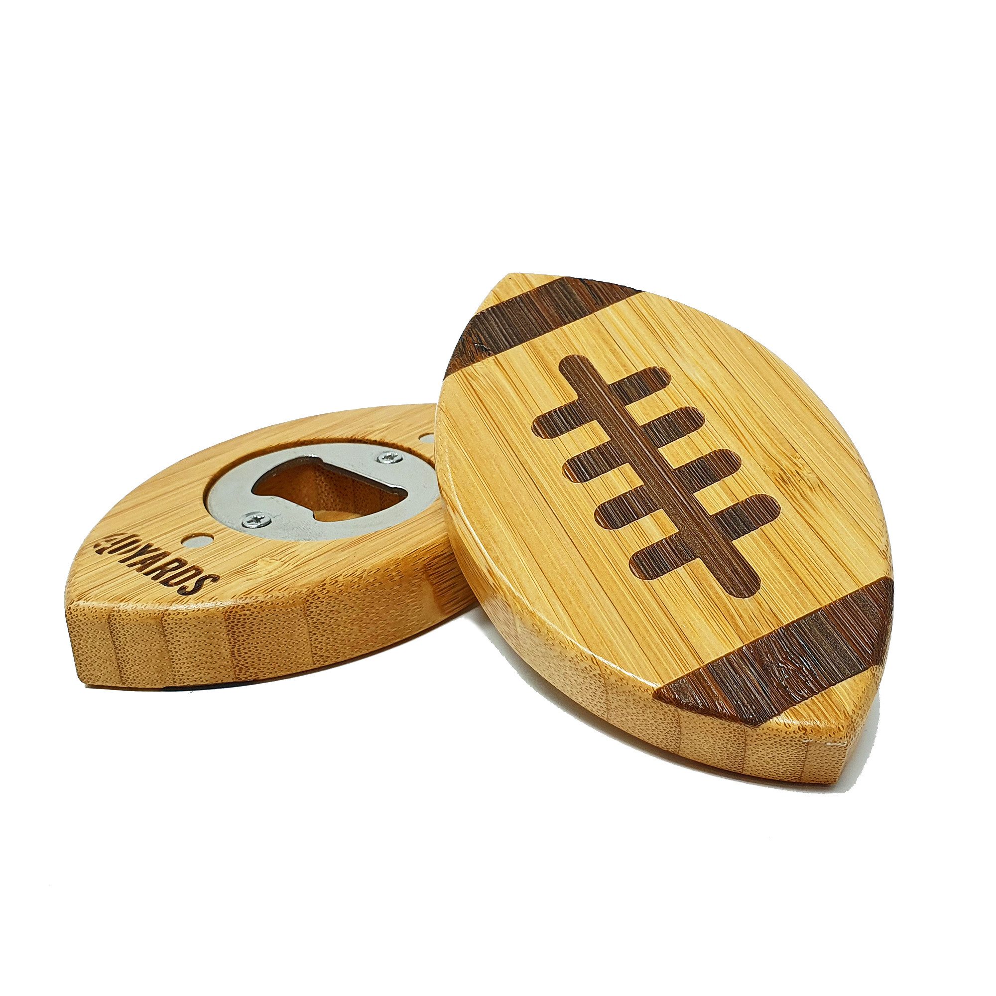 40YARDS Flaschenöffner American Football Flaschenöffner aus Bambus & Stahl mit fühlbarer Naht (1-tlg), inkl. 2 Magnete zur Befestigung