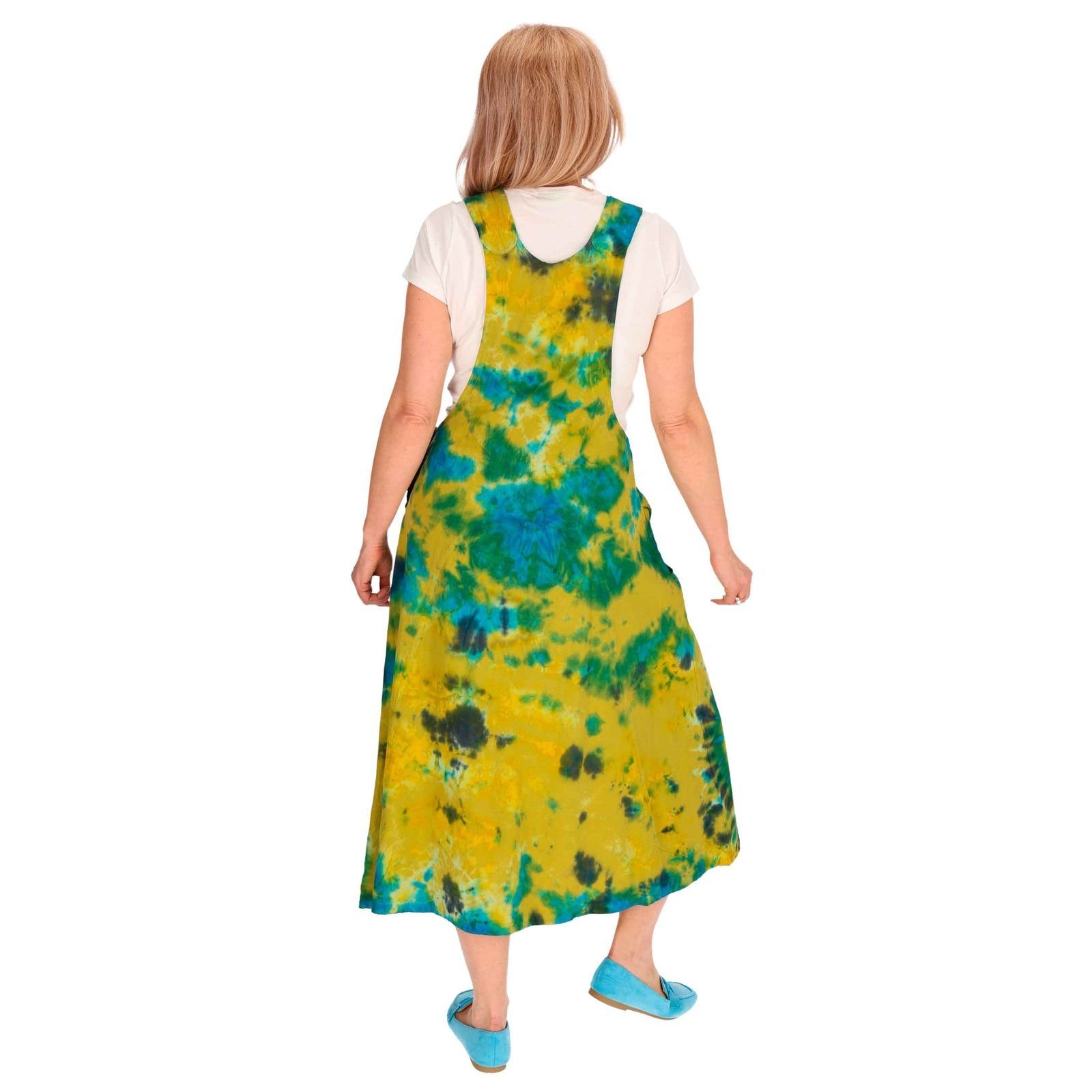 UND Boho Latzhose Latzkleid 70er bunt Sommerkleid Ibiza Tie Overall Batik MAGIE Dy Hippie Grün KUNST