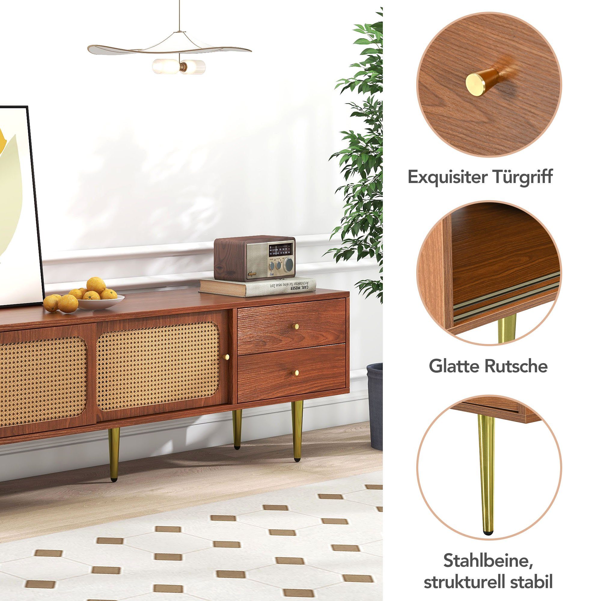 Merax Lowboard im Vintage-Stil mit Rattan Geflecht, TV-Schrank mit 2 Schieb günstig online kaufen