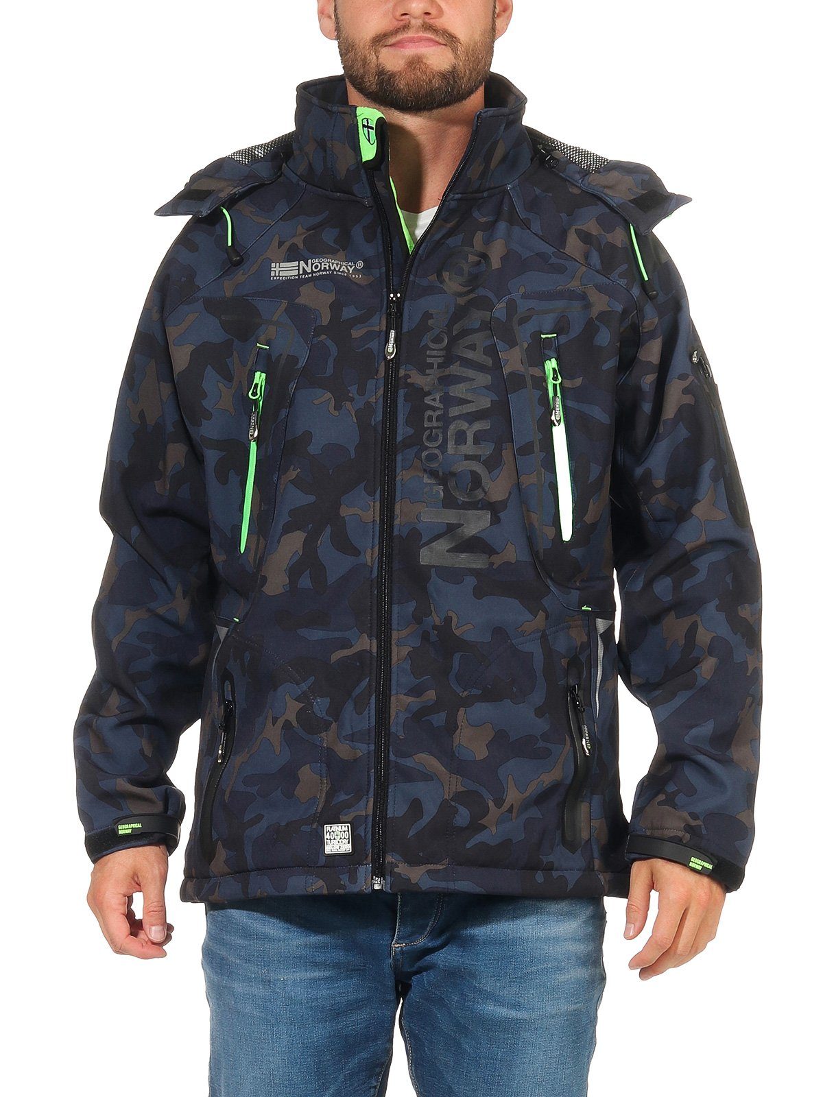 Geographical Norway Softshelljacke Herren Softshell Wander Sport Übergangsjacke Trekking Jacke in Unifarbe, mit abnehmbarer Kapuze, mit Stehkragen
